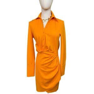 Zara Orange Draped Shirt Dress XS | Collared Long Sleeve Mini